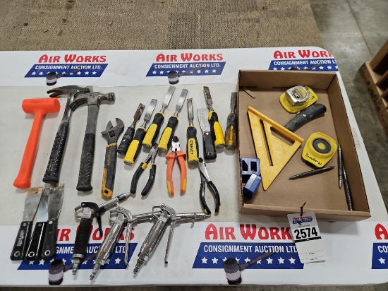 Box Lot - Hand Tools, Hammers, Wrenches, Tape Measures, Blow Guns, Chisels