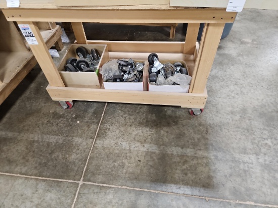 Cart & Bottom Shelf Contents - Wooden Rolling Cart & Assorted Casters
