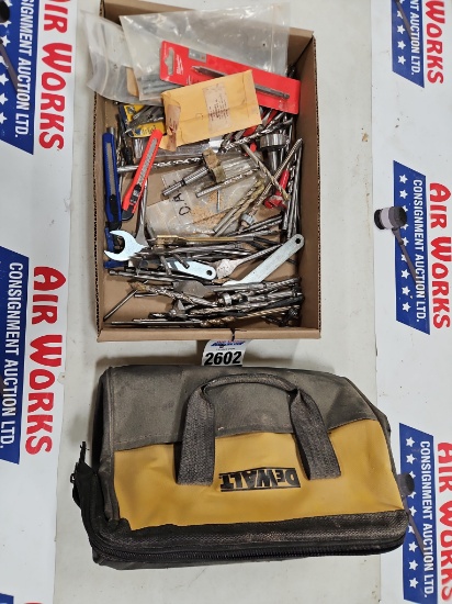 Box Lot - Assorted Drill Bits, Dewalt Tool Bag w/Router plates