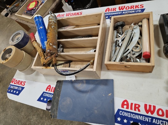 Box Lot - Self Feeder Wheels, Grease Gun, Assorted Hand Tools