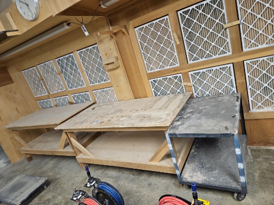 2 - Wooden Work Benches & Metal Rolling Cart