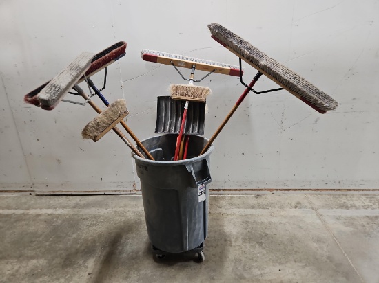 Large Rolling Trash Can w/ Brooms & Shovels