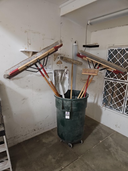 Large Rolling Trash Can w/ Brooms & Shovels