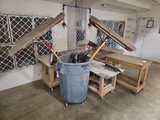 Large Rolling Trash Can w/ Brooms & Shovels
