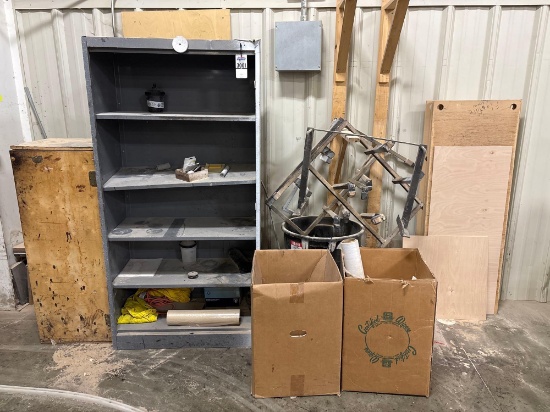 Steel Shelving Unit, Wood Cabinet, Cardboard Boxes with Rags