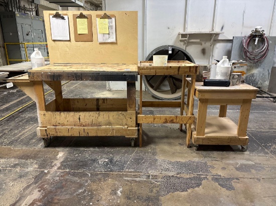 (3) Wood Shop Workbenches on Casters with Pegboard Back Panel