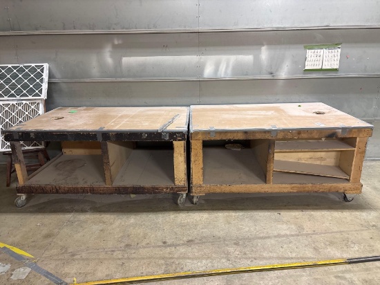 (2) Wooden Mobile Work Tables with Lower Shelves