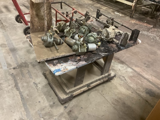 Assorted Industrial Pneumatic Components with Rolling Wooden Work Table