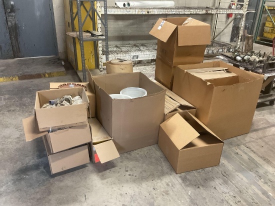 Assorted Finishing Supplies: Kraft Paper Roll, Metal Paint Cans, Plastic Buckets, Lids