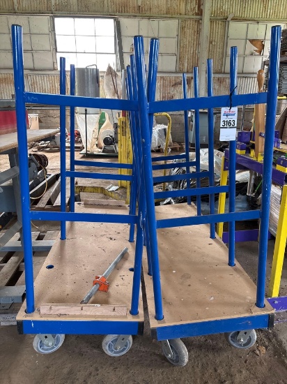 (2) Blue Steel Pipe/Bar Stock Transport Trolleys with Vertical Post Uprights