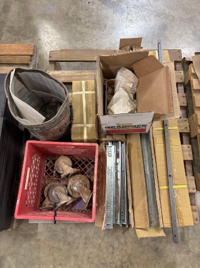 Assorted Industrial Hardware: Drawer Slides, Casters, Boxed Parts on Pallet
