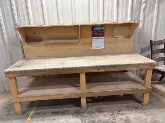 Wooden Workbench with Upper Shelf and Carpet-Topped Work Surface