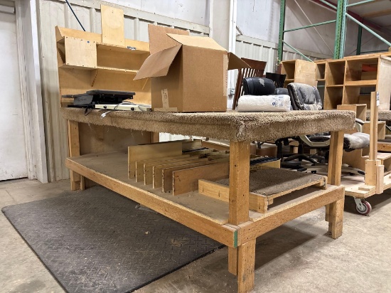 Custom Wood Workbench with Carpet Top, Lower Shelf, and Overhead Hutch