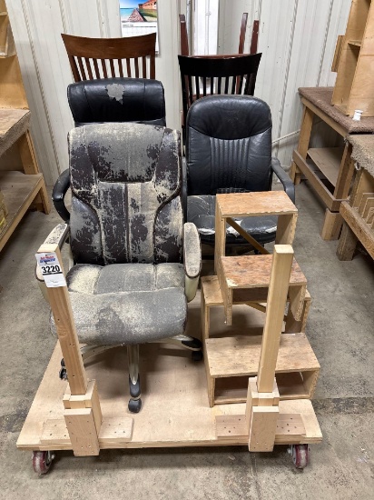 Assorted Office Chairs, Dining Chairs & Wood Step Fixtures on Rolling Cart