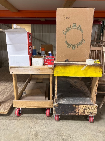 Assorted Shop Supplies: (2) Rolling Wood Utility Carts, White Cotton Wipers, Screws, Fasteners & Har