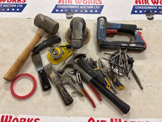 Assorted Hand Tools & Air Tools: Dynabrade Orbital Sander, BeA Pneumatic Stapler, Drill Bits