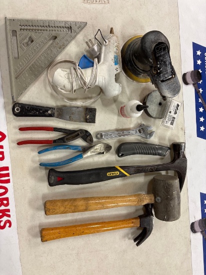 Hammers, Dynabrade Orbital Sander, Pliers, Adjustable Wrench, Glue Gun, Speed Square