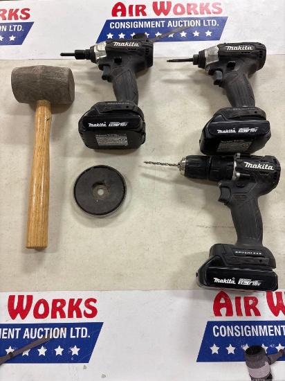 Makita 18V XPH15 Hammer Drill & (2) XDT18 Impact Drivers with Rubber Mallet & Pot Magnet