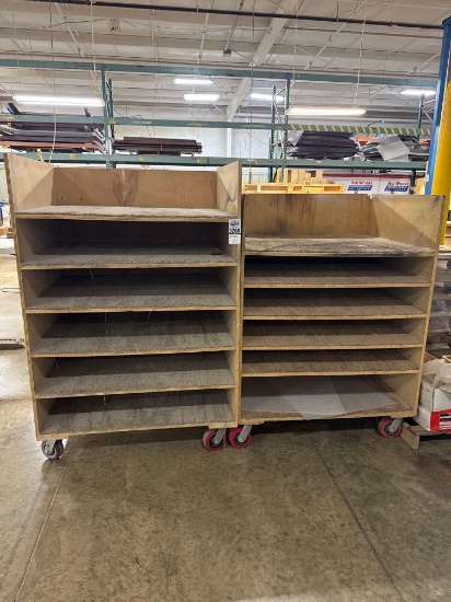 (2) Plywood Mobile Storage Carts with Carpet-Lined Shelves