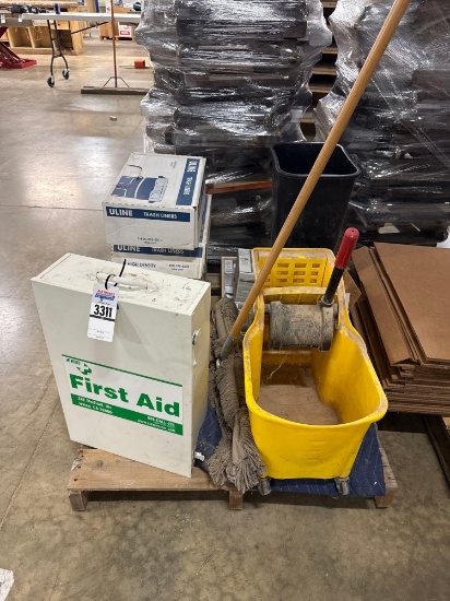 Assorted Facility Maintenance & Safety Supplies: Trash Liners, Mop Bucket, First Aid Cabinet