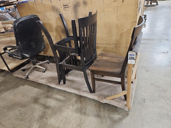 (3) Wooden Dining Side Chairs with High-Back Office Chair on Casters
