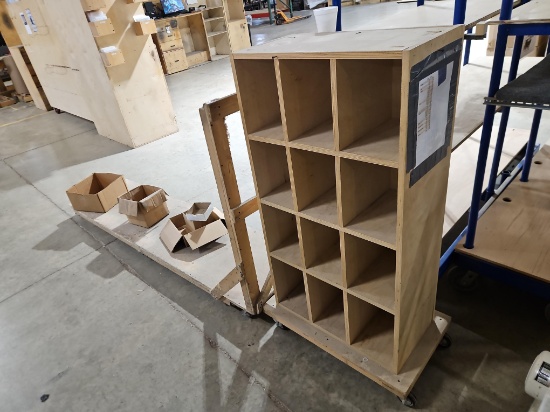 (2) Wood Rolling Carts: Cubby Shelf Cart, Flat-Bed Frame Cart