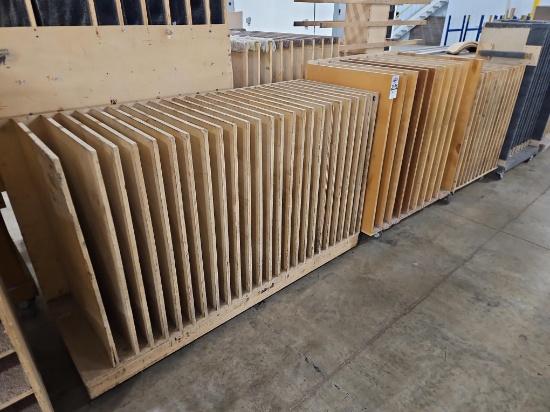 (3) Wood Panel Storage Carts with Vertical Divider Slots, Caster-Mounted
