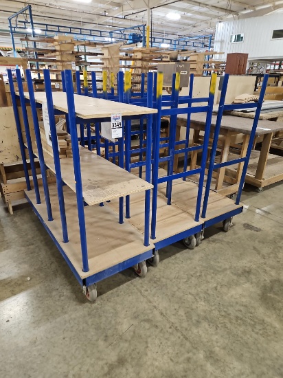 (3) Blue Steel Multi-Tier Industrial Shop Carts with Plywood Decks and Casters