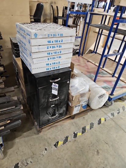 Assorted Supplies: Air Filters, Reclosable Bags, Filing Cabinet, Carpet Roll