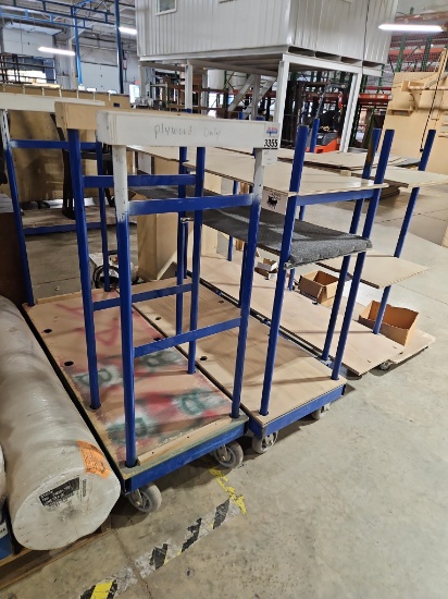 (2) Multi-Tier Blue Steel Frame Shop Carts with Plywood Shelves on Casters