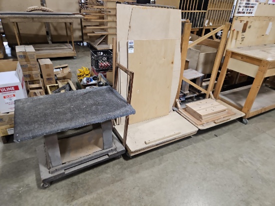 Custom Wood Work Benches with Carpet-Top Rolling Carts and Panel Cart