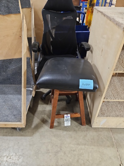 (2) Chairs: Black Mesh High-Back Task Chair with Armrests, Black Faux Leather Wood-Frame Stool