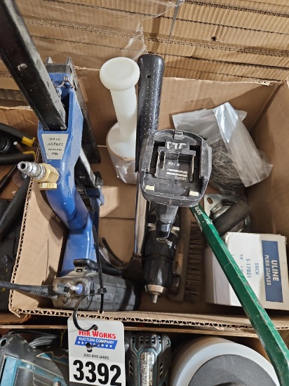 Makita 18V Hammer Drill, Pneumatic Stapler, Motorola PR400, & Assorted Hand Tools