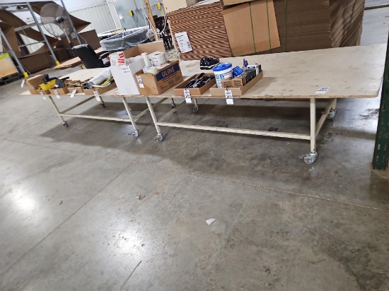 (2) Mobile Worktables, Steel Frame with Plywood Top, Casters