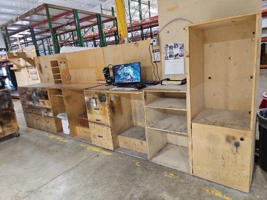 Custom-Built Plywood Warehouse Workstation with Drawers, Shelving & Step Unit
