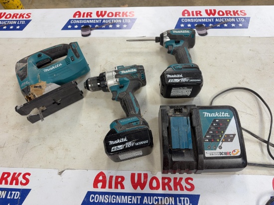 Makita 18V LXT Tools, XPH14 Drill, XDT13 Impact Driver, XVJ02 Jig Saw, (2) 4.0Ah Batteries & Charger