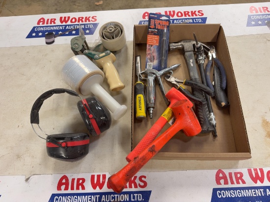 Box Lot, Mallets, Hammer, Assorted Hand tools, Taper, Ear Protectors