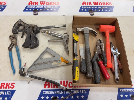 Box Lot, Mallet, Hammer, Assorted Hand Tools, Square,
