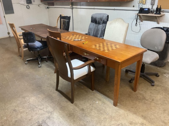 Conference/Game Table with Inlaid Checkerboard Top & Assorted Chairs