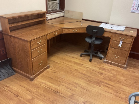 Oak Executive L-Shaped Desk with Hutch, File Drawers & Office Chair
