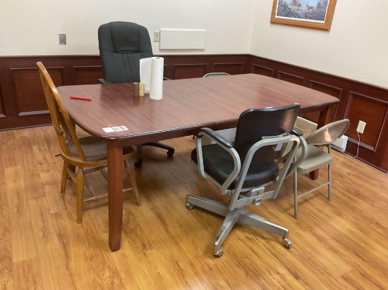 Large Br. Maple Table with Assorted Office & Dining Chairs