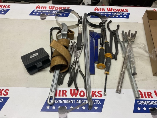 Box Lot, Tap Socket Set, Ring Pliers, Chisels, Rigid Strap Wrench, Filter Wrenches, Misc. Tools