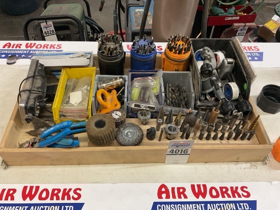 Box Lot, Fastenal and Z Drill Bit Sets, Snap Ring Pliers, Reamers, Pipe Cutters, Teflon Tape