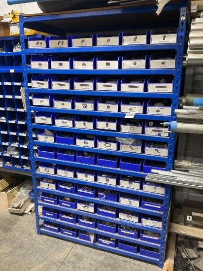 Fastenal Bolt Bin Rack w/ Assorted Pipe Fittings, Brass Valves, Electrical Supplies