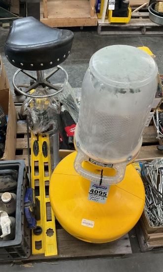 Pallet Lot w/ Industrial Beacon Light, Bar Stool, Levels and Leak Diverter Tarp, Alternator