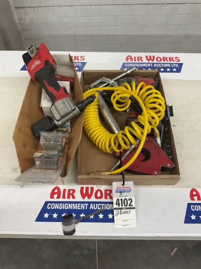 Box Lot, Milwaukee Drill with Battery, Welding Magnet, Coil Hose
