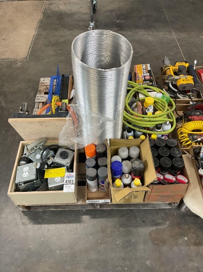 Shop Supply Pallet w/ Lubricants, WD 40, Flexible Ducting, Air Hose & Electrical Material, Batteries