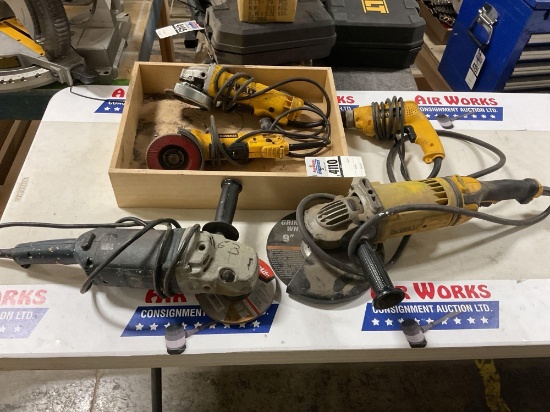 Bosch and Dewalt 9"Angle Grinders, 2 Dewalt 4 1/2" Angle Grinders, Dewalt 3/8" Drill