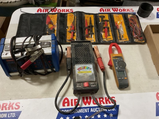 Fluke 374 FC Clamp Meter, Westward Battery Charger/Tester & Electrical Test Lead Set