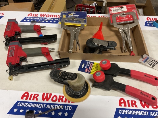 2 SENCO SLS25XP FinishPro Staplers, 2 Dynabrade Air Sanders, 2 Vise-Grip Clamps & 2 Scrapers